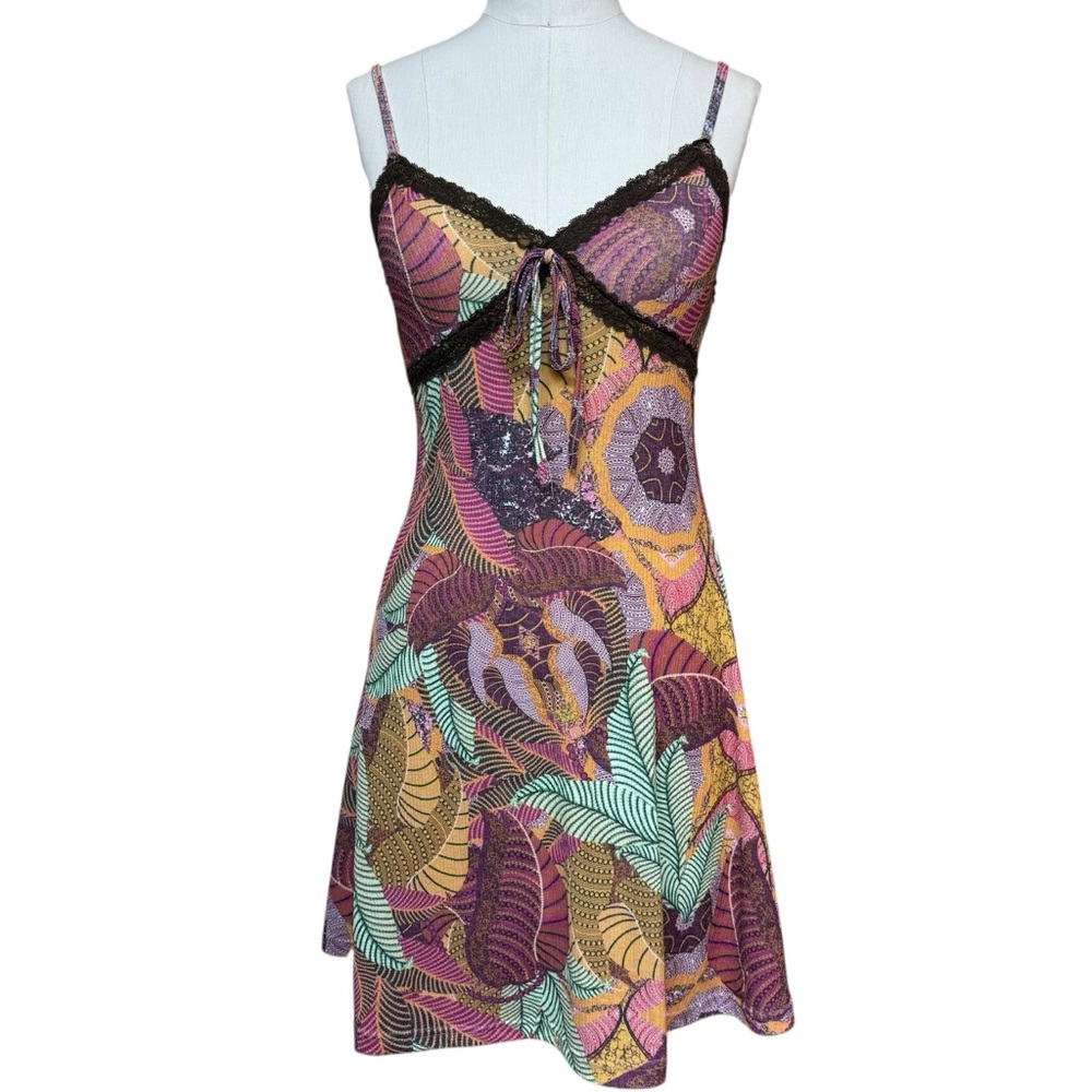 Babydoll Cami Dress Mini Brown Lace Size S Whimsical Boho Fairy Retro Beachy - Picture 1 of 7